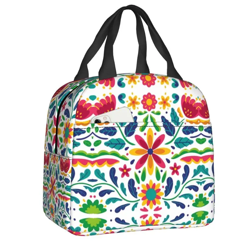 

Custom Mexican Flowers Thermal Insulated Lunch Bag Women Portable Lunch Container for School Storage Food Box