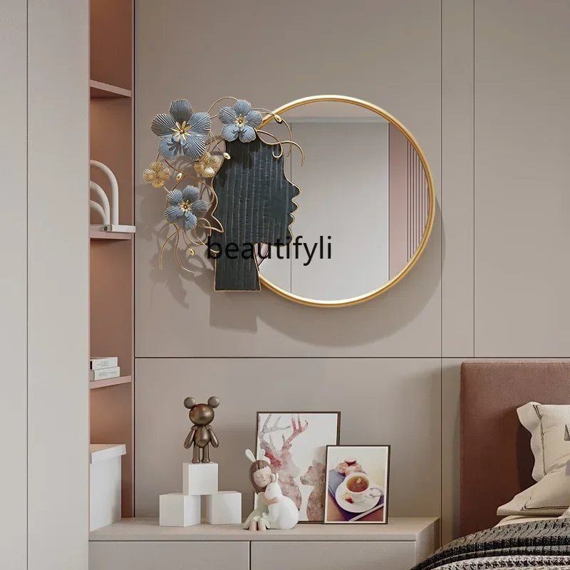 Decorative mirror log bedroom round Japanese home Nordic rattan weaving, medium three-dimensional painting6239