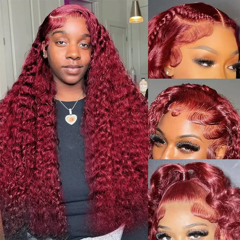 Deep Wave  HD Transparent Lace 200 Density 13x4 13x6 Full Frontal Lace 99j Burgundy Preplucked Colored Frontal Human Hair Wig