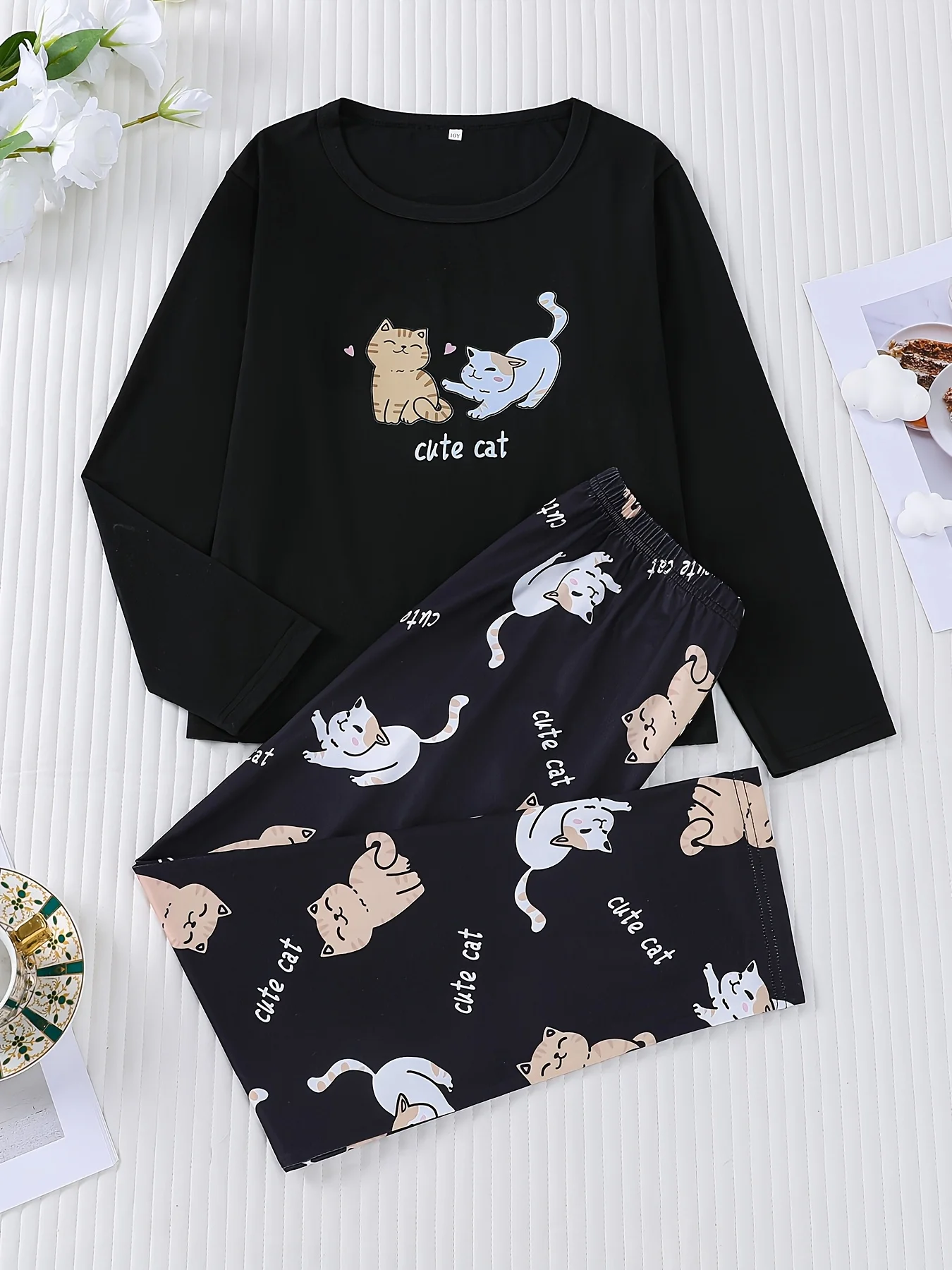 

Cat Pajama Set Cute Cat And Kitten Print Pajamas With Top And Matching Pants Soft Round Neck Long Sleeve Clothing For Spring