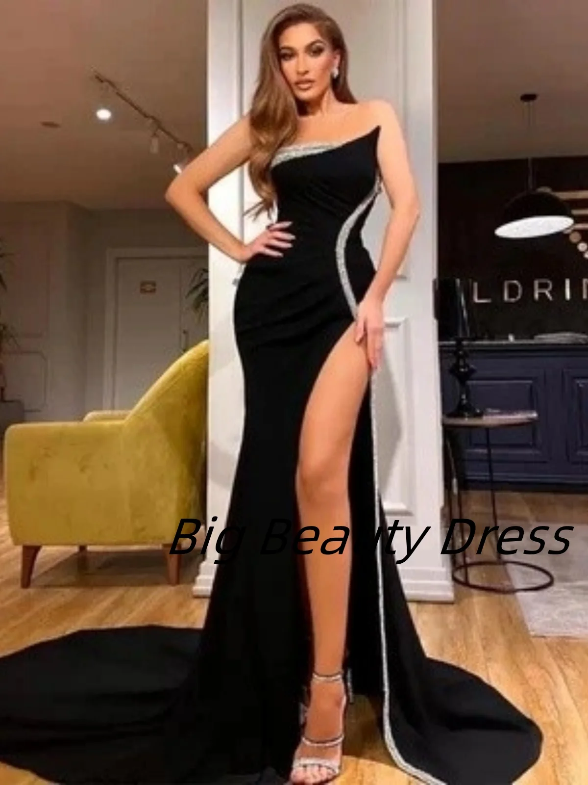 Customized Elegant Quinceanera Sleeveless Sexy Black Mermaid Slit Silver Sequins Prom Dress Gowns vestidos de 15 quinceañera
