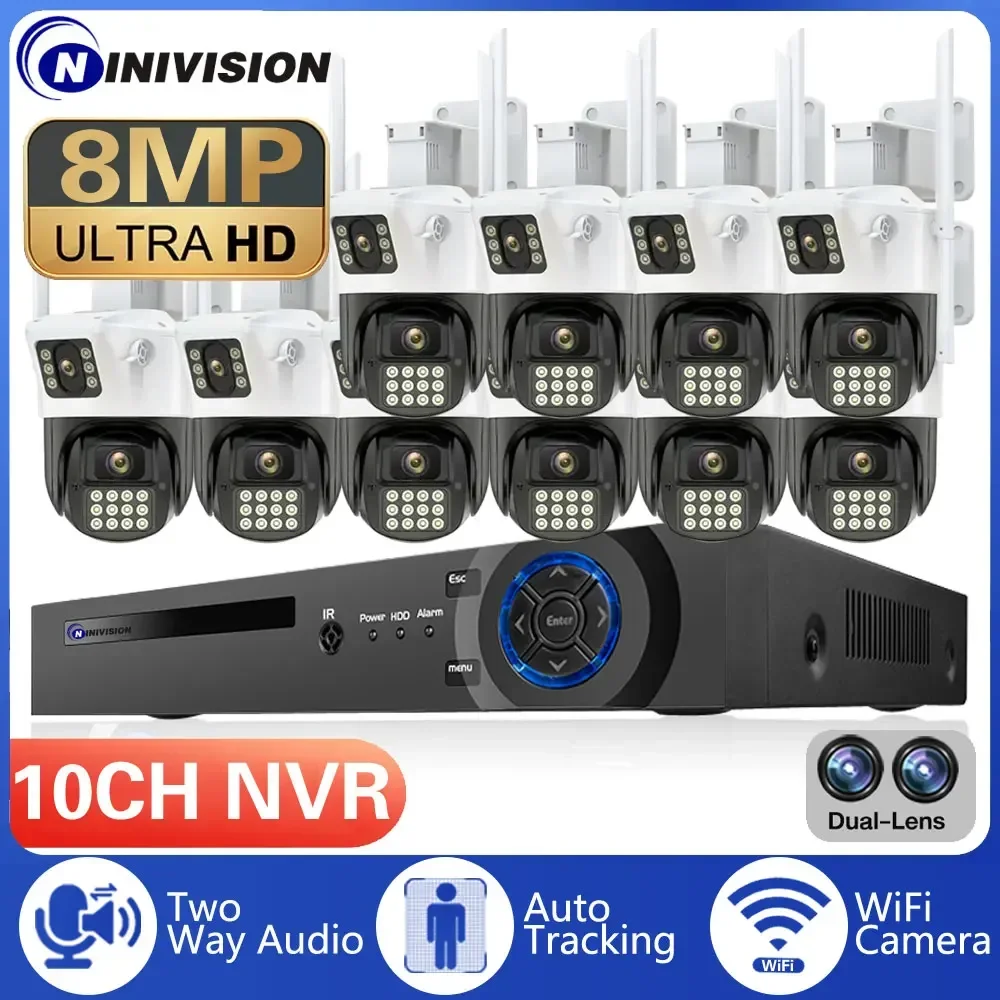 8MP 4k Wireless Dual Lens Security Camera System Two Way Audio WIFI PTZ Camera 10CH POE NVR Kit Video Surveillance System 4TB HD