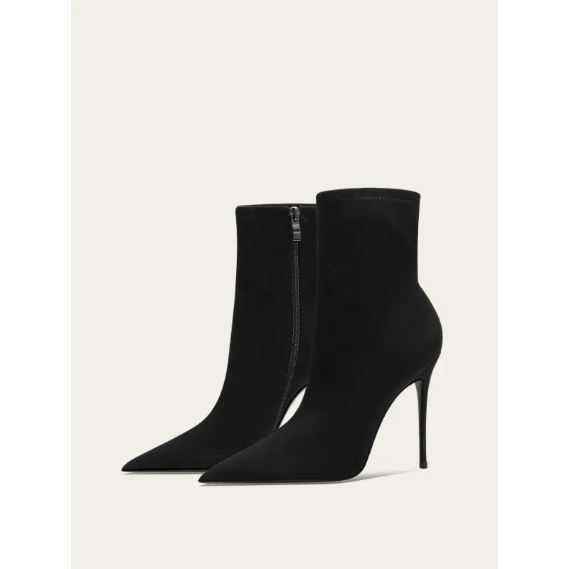 

Женские стильные замшевые ботинки на шпильке с боковой молнией, облегающие ботильоны с острым носком, черные