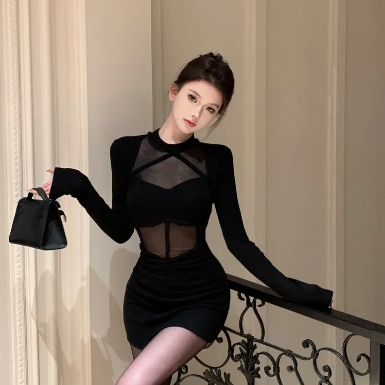 Sexy Bla Long Sve Me épissure moulante Dr Ele taille haute automne hiver nouveau Sle pour les jeunes femmes à la mode Streetwear