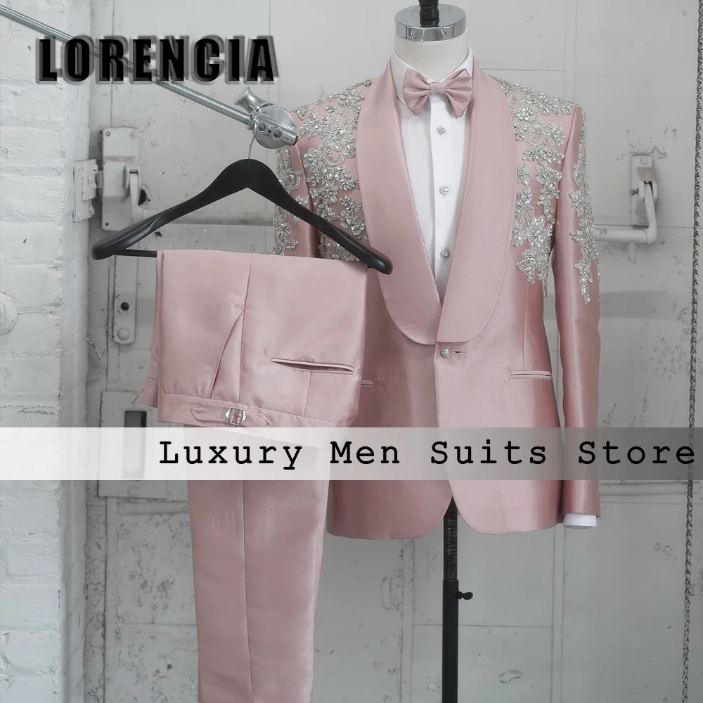 

Elegant Crystal Suits for Men 2 Piece Sparkly Rhinestone Wedding Wear Groom Tuxedos Customized Blazer Pants trajes para hombre