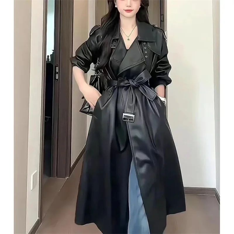 I DO: 10-15 08:34:00 Spring Autumn Long Waterproof Pu Leather Coat Women Sashes Elegant Luxury Chic Korean Fashion Clothes Overc