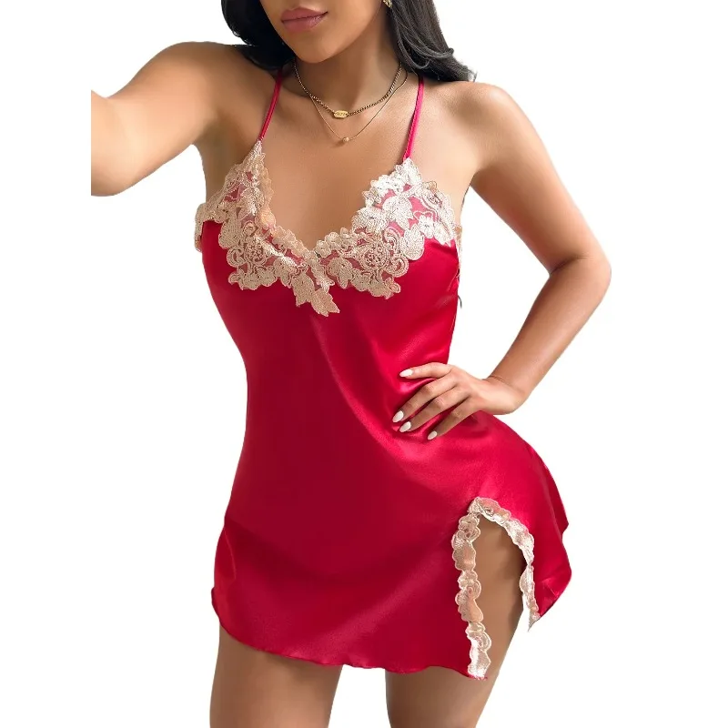 New Women's Red Lace Nightdress Sleeveless Breathable Pajamas V Neck Slip Dress with Side Slit Sexy Sleepwear For Home