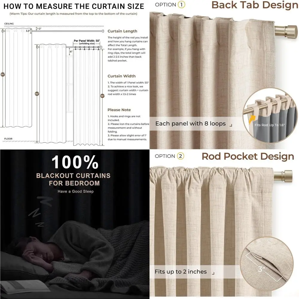 Rideaux occultants en lin, longueur 96, ensemble de 2 panneaux avec languettes arrière, isolation thermique pour chambres à coucher, couleur flocons d'avoine