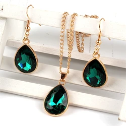 1 set Rose Gold colour Water drop Pendant Necklace & earrings Fashion Jewelry green