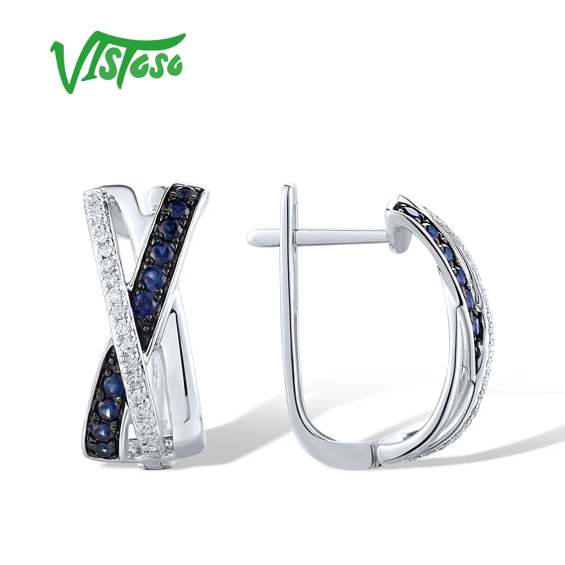 VISTOSO Real 14K 585 White Gold Latch Back Earrings For Women Sparkling Diamonds Blue Sapphire Elegant Wedding Fine Jewelry