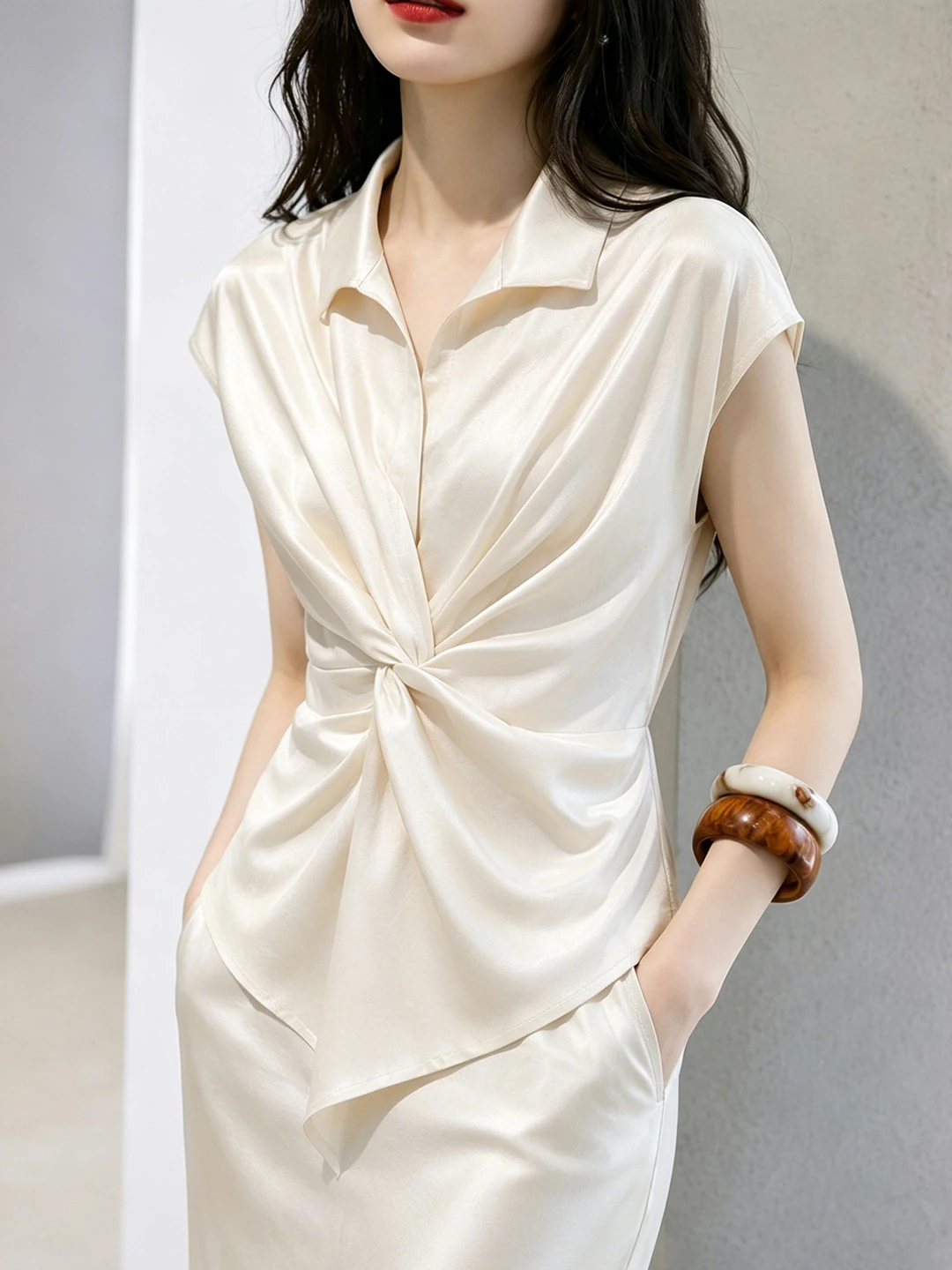 

Elegant Knot Short Sleeve Shirt Luxury Feel Slimming Waist Design Skin-friendly Summer Fine Workwear Korean Style Straight Cut