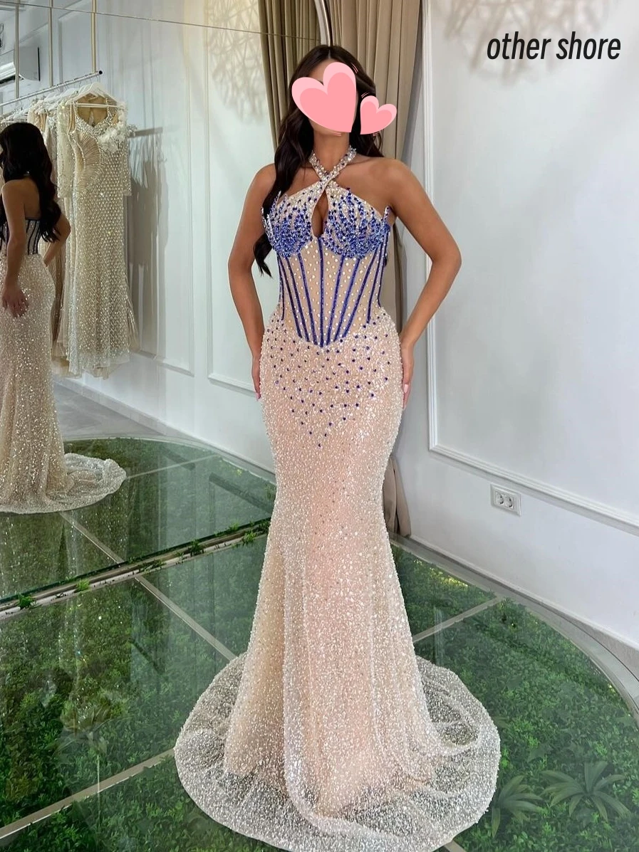 Other Shore Elegant Vintage Sexy Sweet Mermaid Champagne Blue Crystal Customize Formal Occasion Prom Dress Evening Party Gowns