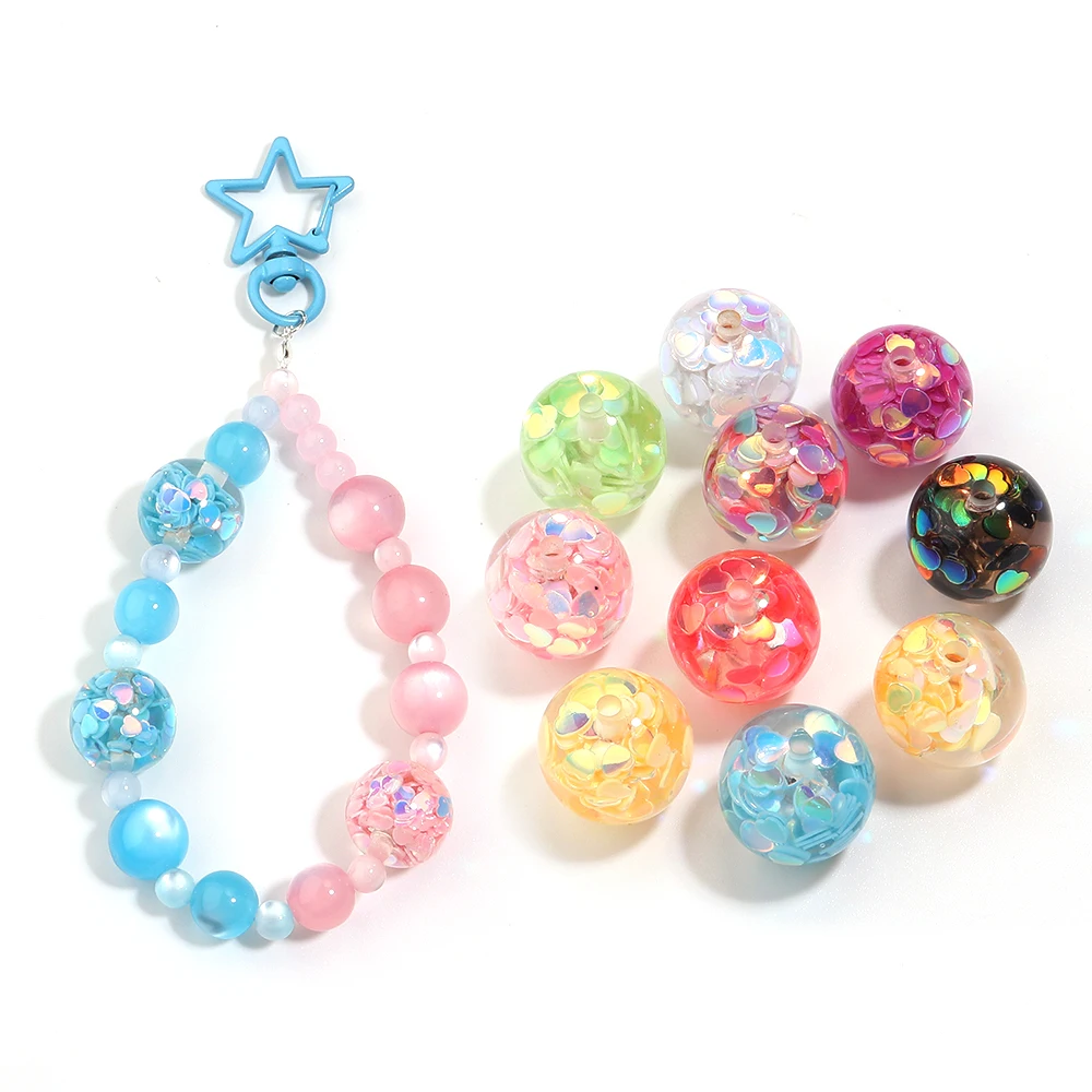 5pcs/lot Transparent Round Resin Beads Filled Heart Sequins Loose Spacer Beads for DIY Bracelet Necklace Jewelry Making Supplies