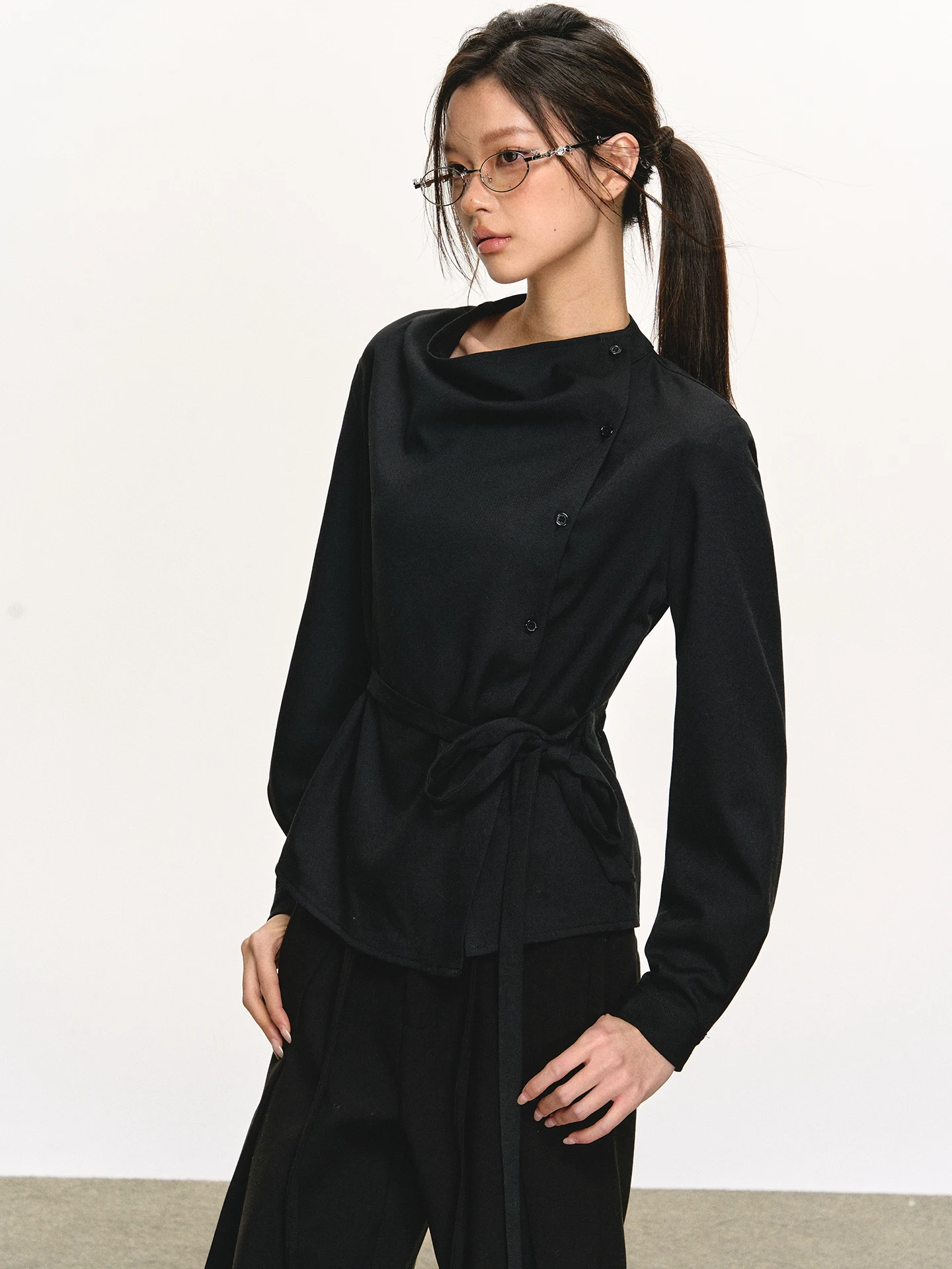 

Bla Asymmetric Tie Waist irt for Women Anna Aneae Autumn Winter Simple Sle Loose Fit Long Sve Anti-Wrinkle irt