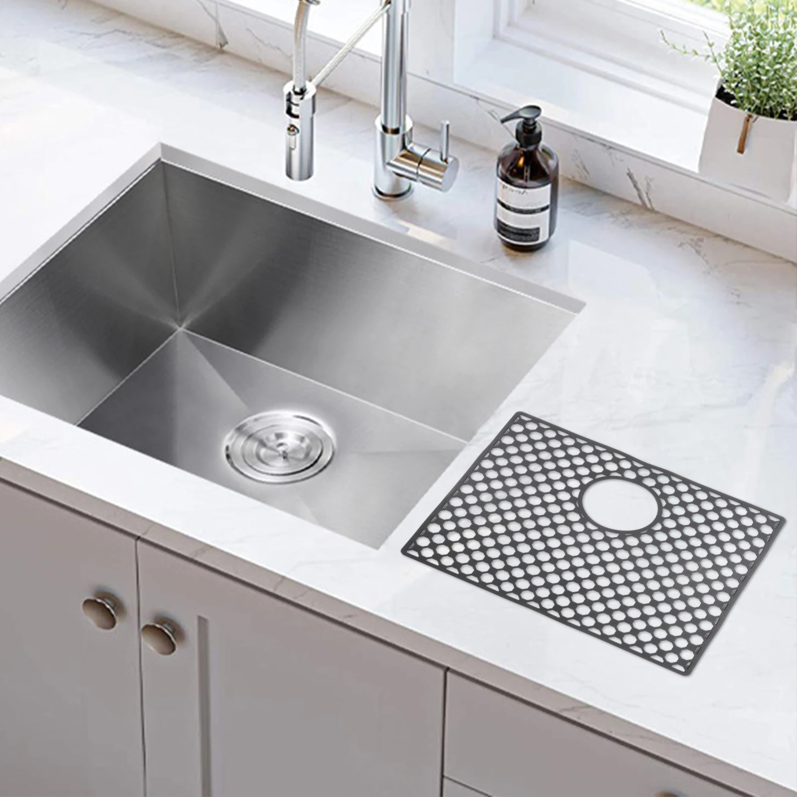 Non Slip Silicone Sink Mat for Kitchen Use and Heat Resistant with Center Drain Openings for Efficient Drainage