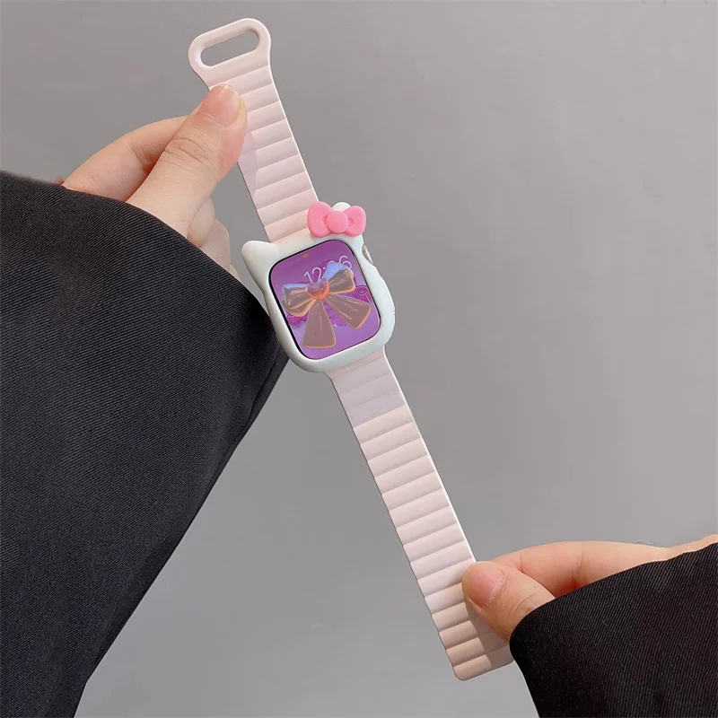 Y2k Cartoon Cute Bow Cat Ears Case + Magnetic Strap For Watch Case 44mm 42mm 38 40 Correa Bumper For Apple Watch Ultra 7 Cover