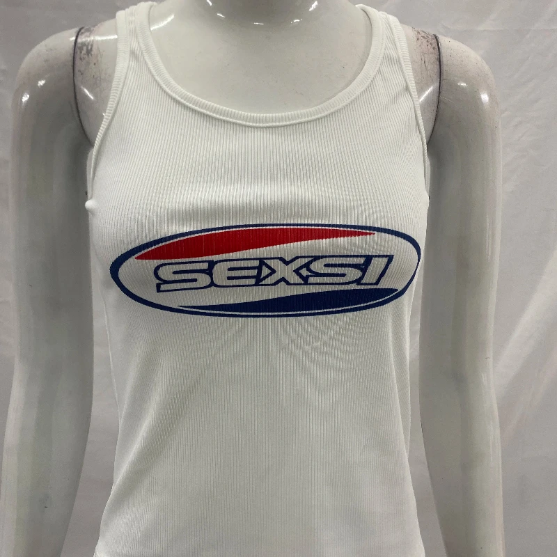

Сексуальный облегающий белый топ-камизол с ребристой отделкой и принтом SEXSI, без рукавов, модный повседневный уличный стиль, летняя женская одежда