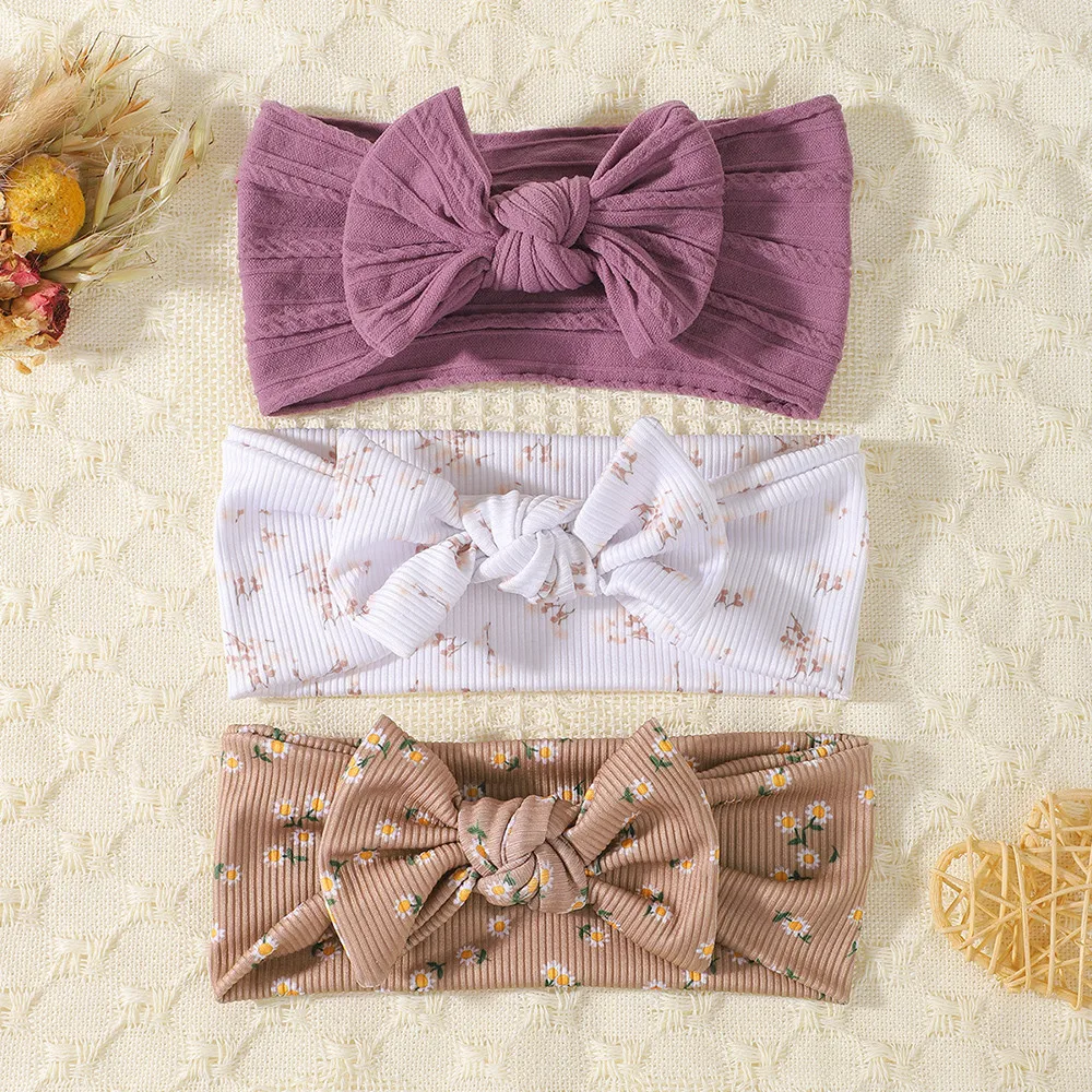 3-teiliges Baby-Stirnband-Set mit geknoteter Schleife, Turban, gerippte Haarbänder für Neugeborene, Kirschherz-Druck, Haarschmuck für Kleinkinder, Kopfwickel für Kleinkinder – Detail 4