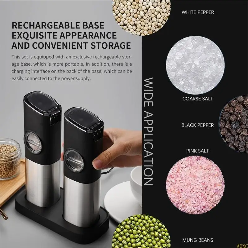A0NC Electric Salt and Pepper Grinder مع قاعدة قابلة لإعادة الشحن ، وإضاءة LED ، والتشغيل التلقائي ، والفولاذ المقاوم
