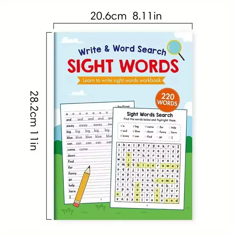 Learning Workbook 220 Sight Words with Answer Key Educational Handwriting Sight Words Search Games for Age 3+ School Supplies