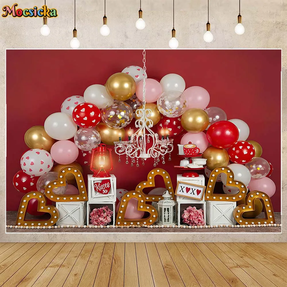 

Mocsicka Valentine's Day Portrait Pghotography Background Love Heart Balloon Light Wedding Backdrop Photo Studio Photocall Props