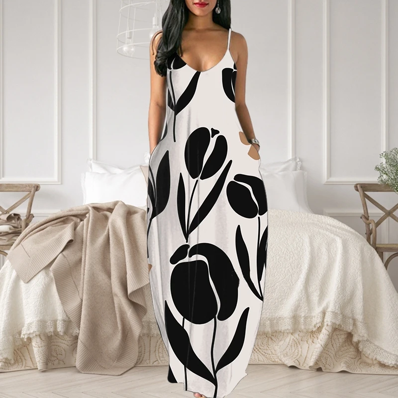 

Sexy Floral Printed Loose Dresses Elegant Spaghetti Straps and Floor Length Dresses Summer Casual Dresses Party Chic Tank Dresse