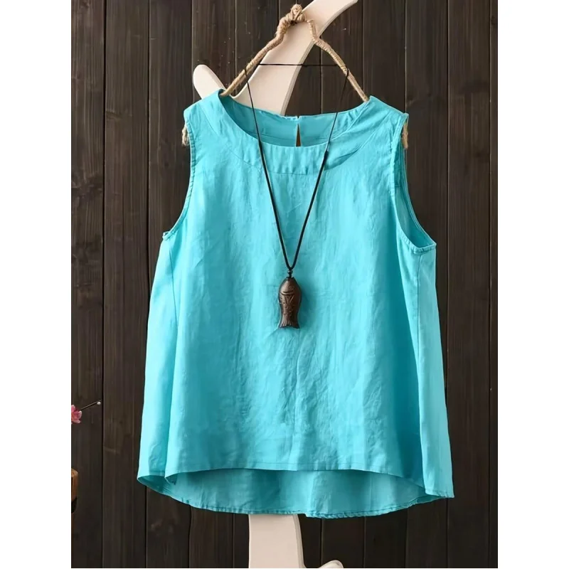 Women's Boho Linen Sleeveless Top, Casual Loose Fit Yellow Top, Artisan-Crafted Summer Blouse Beach