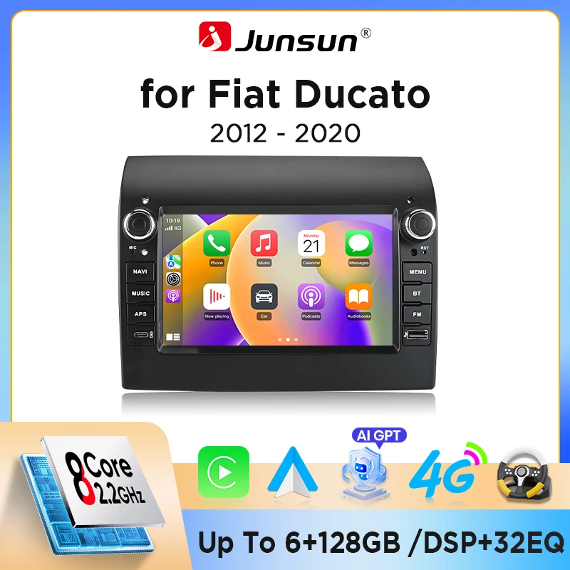 Junsun 7 pouces CarPlay sans fil Android Auto pour Fiat Ducato 2015 2016 2017 2018 2019 2020, ventilateur de refroidissement intégré, Android 15, navigation GPS, lecteur multimédia, WiFi, DSP, RDS, BT, SWC, écran tactile IPS, autoradio, lecteur vidéo, unité centrale, stéréo