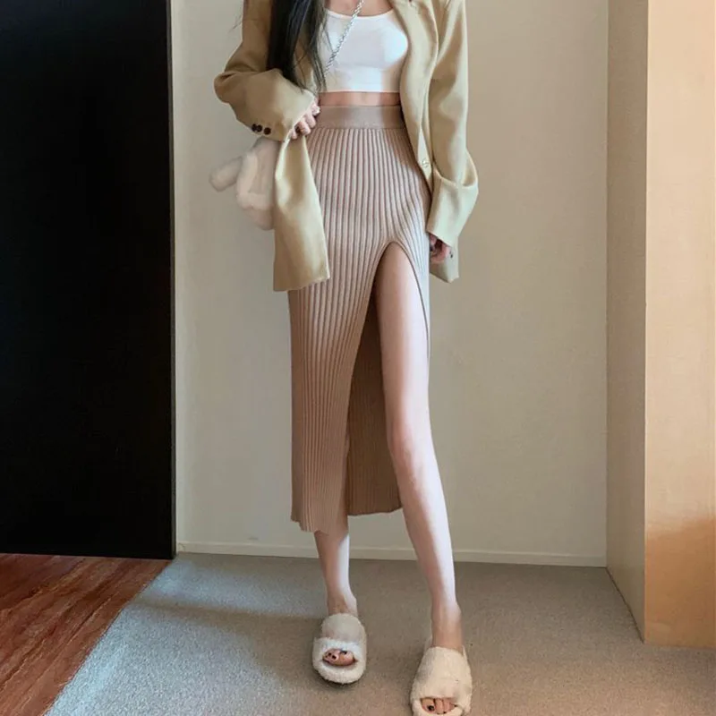 Sexy split bodycon saia longa feminina elegante fino ajuste de cintura alta saias de malha mulher outono inverno pacote hip midi saia