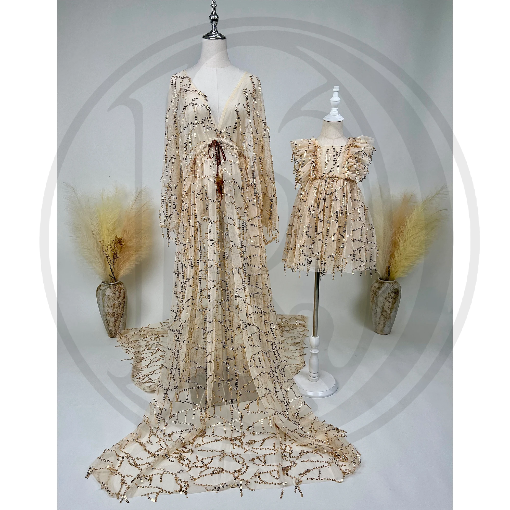 Don&Judy Maternity Evening Mom and Girl's Dress V-Neck Long Sleeve Sequin Embellished Sheer Overlay with Train Photography Dress