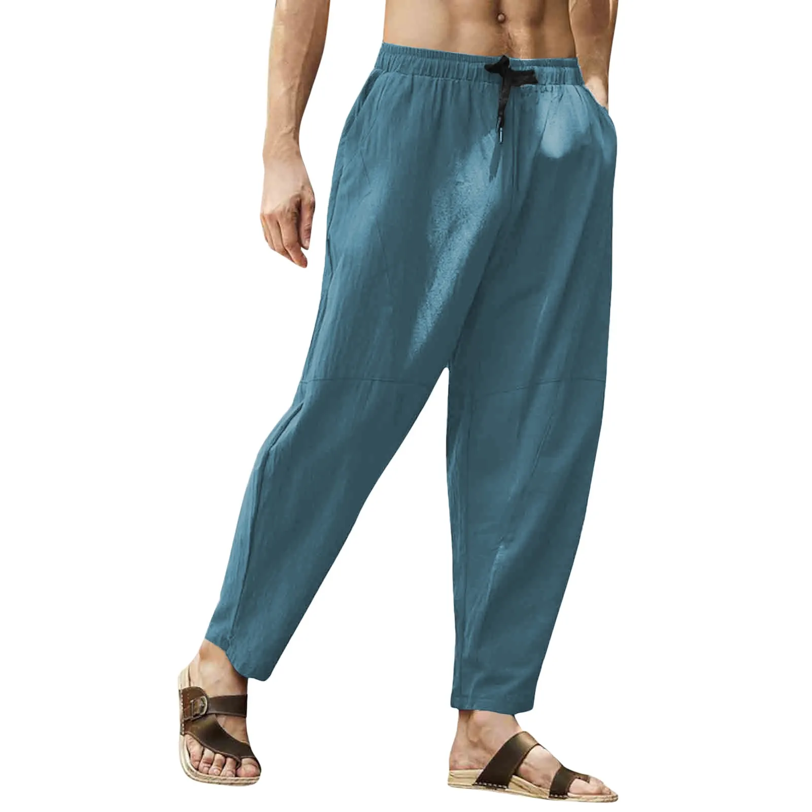 Men Spring And Summer Pant Casual All Solid Color Cotton Loose Trouser Fashion Beach Pant Open for Men