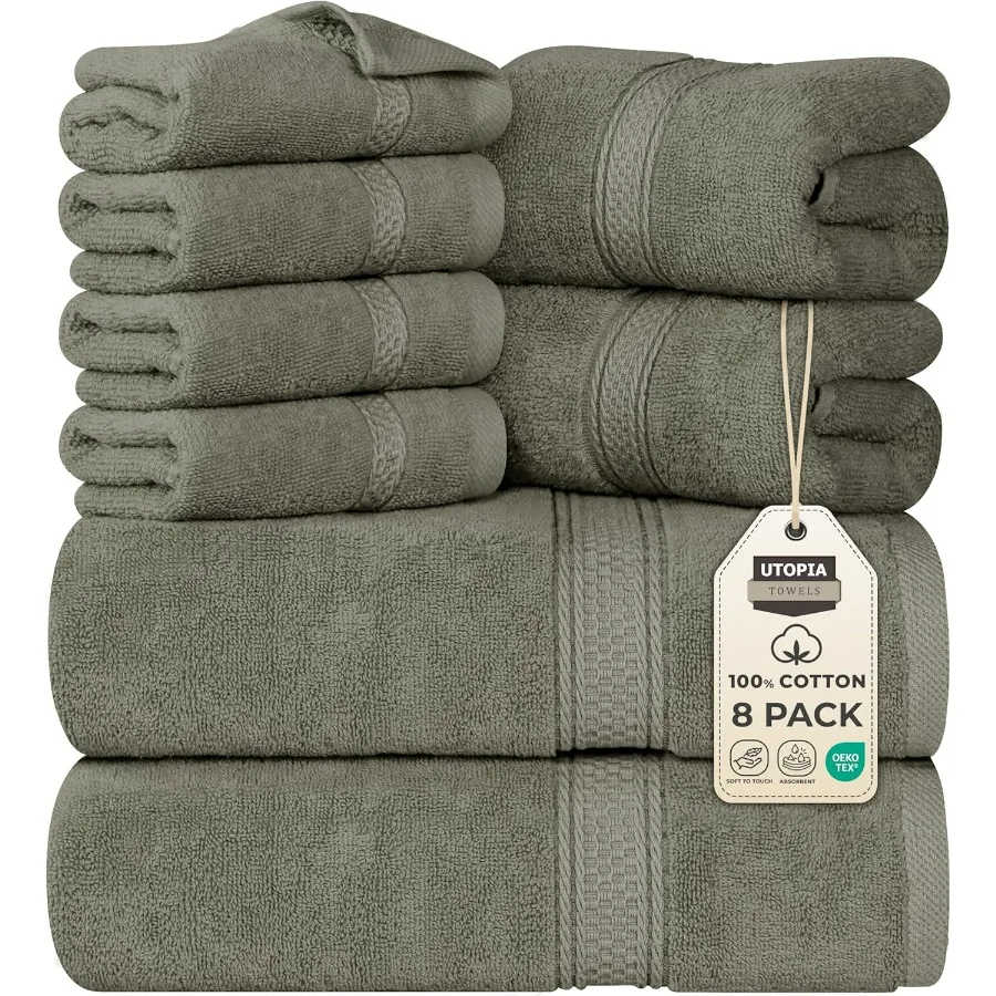 

8 Piece Premium Towel Set for Bathroom Gym Hotel and Spa: Includes 2 Bath Towels 2 Hand Towels and 4 Wash Cloths 600 GSM 100 Ri