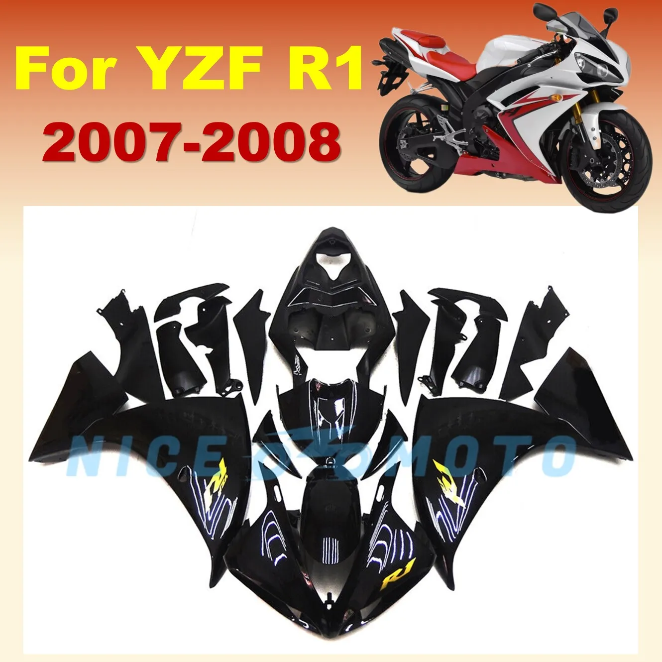 Cheap Chinese fairing kit fit for YAMAHA YZF R1 2007 2008 YZF1 08 07 Gloss Black frame cover
