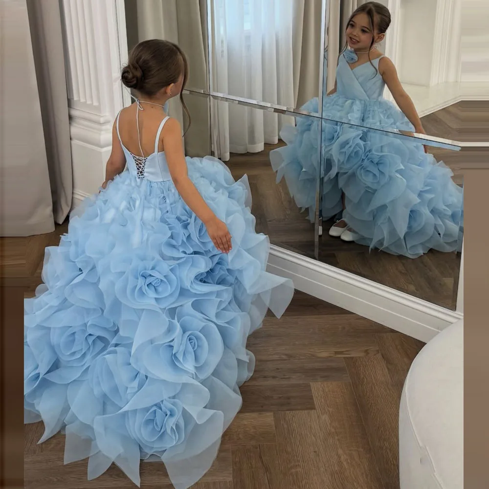 

Небесно-голубое бальное платье, платья с цветочным узором для девочек, детское платье на день рождения, бальное платье с оборками, детские свадебные платья знаменитостей