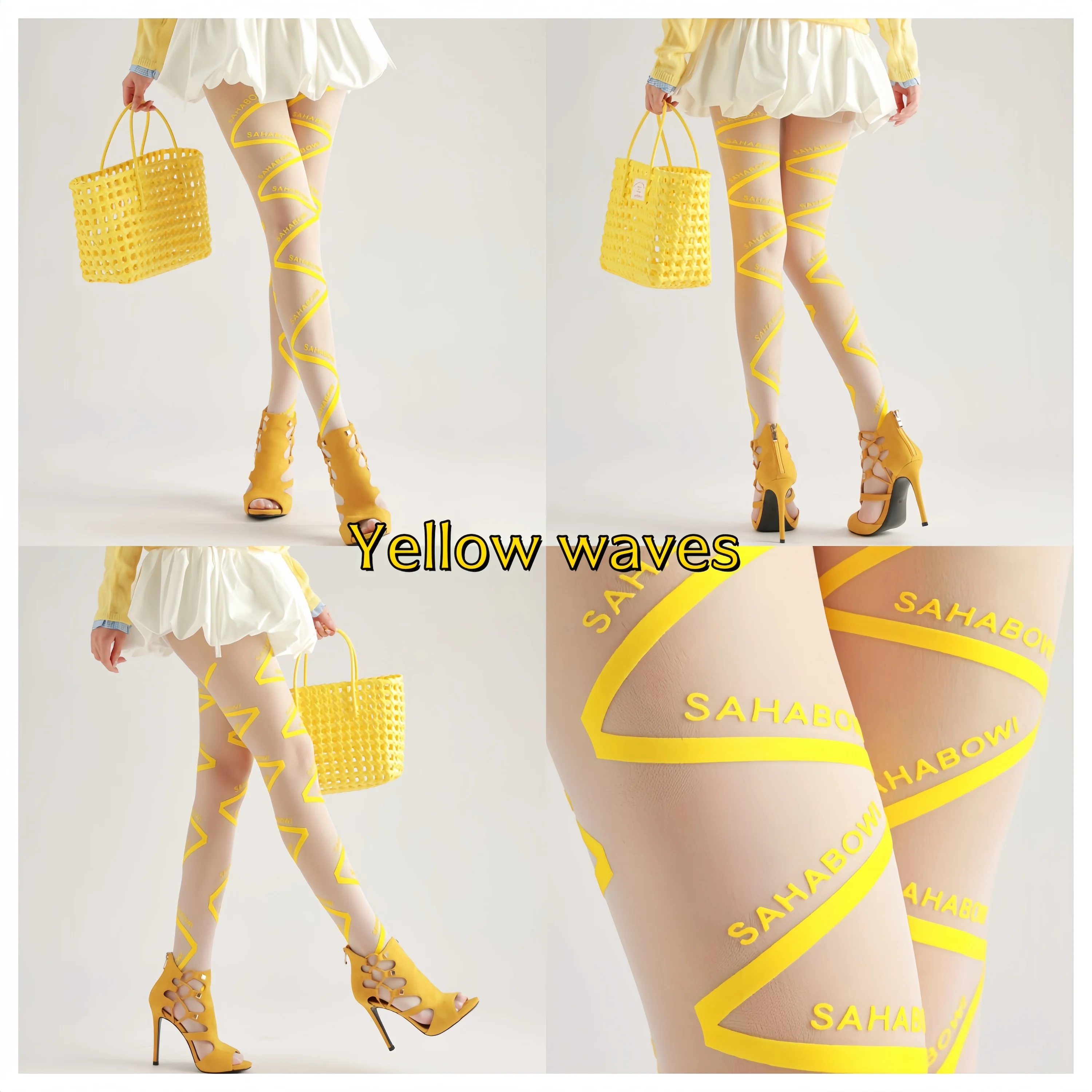 Sahabowi rose lines bows new designs tights print pantyhose for womens sheer yellow stockings