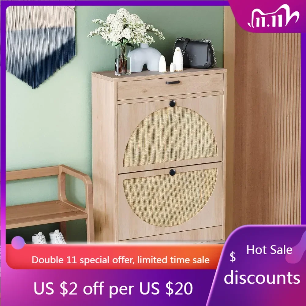 

Shoe Rack Storage Organizer with 2 Natural Semi-Circular Rattan Doors, Entryway Wooden Shoe Cabinet for Sneakers