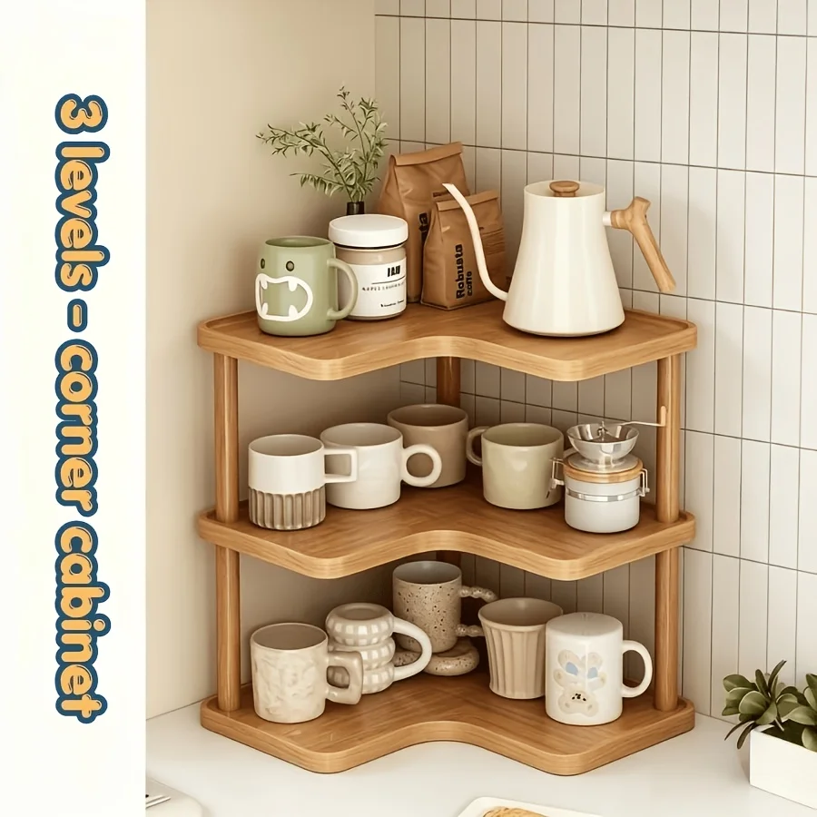 Three-tier medium-sized storage rack with a multi-layer design, efficiently storing coffee supplies, cups, kitchen clutter, etc., instantly transforming into a cozy coffee corner, converting into a storage and display area, corner shelving unit