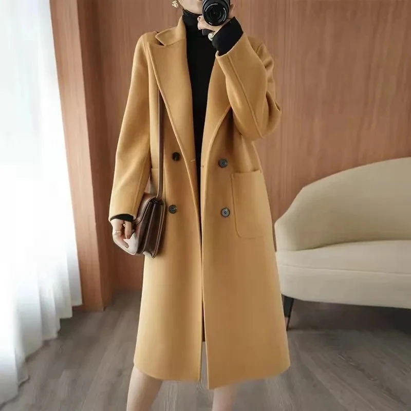 

2024 Autumn/Winter New Korean Version Temperament Double-sided Cashmere Coat Womens Long Wool Coat Loose Woolen Overcoat Female