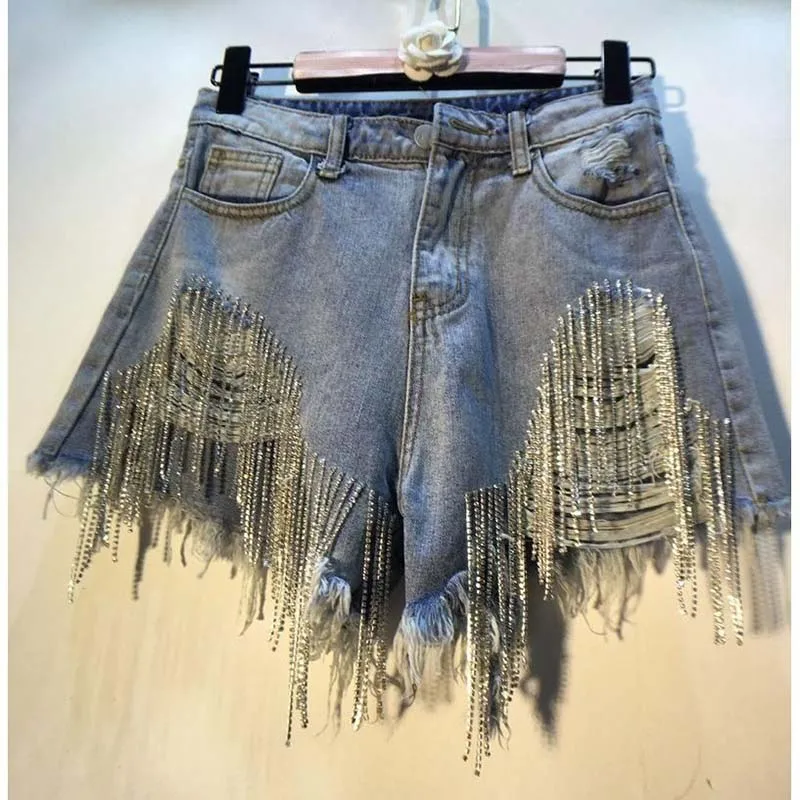 2026 Denim Shorts Women Hole Ripped Jeans Tassels Diamonds Sexy Washed Distressed High Waist Streetwear Straight Short Pants