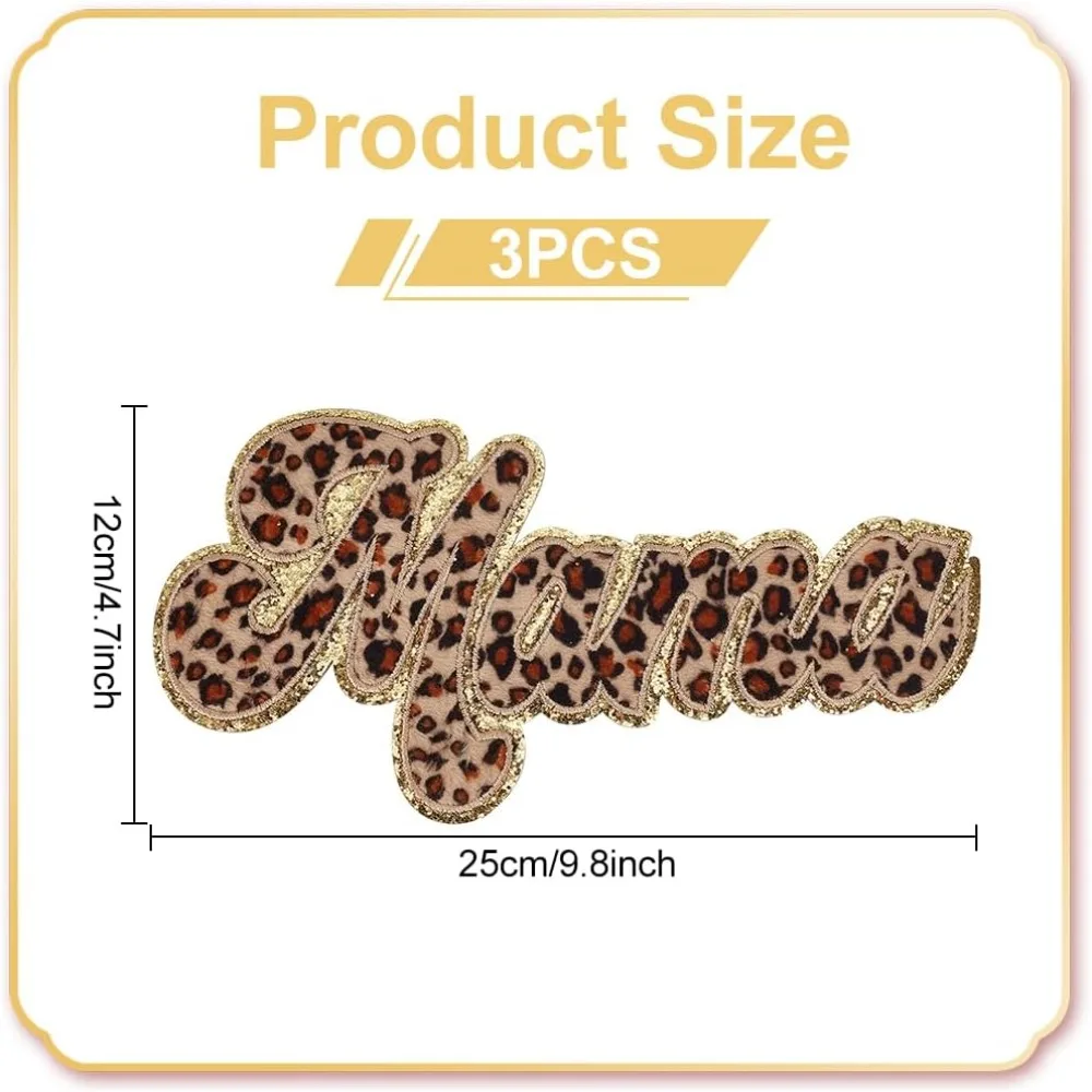 3pcs Leopard Print Mama Iron On Letters Patches for Clothing 9.7×4.7inch Mama Iron on Patches Gold Border Decorate Repair