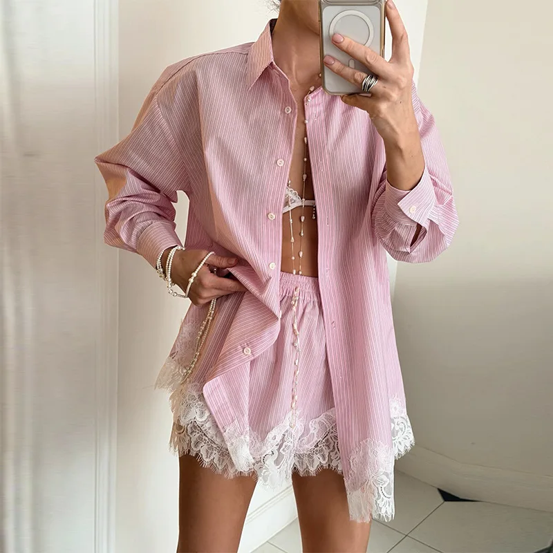 

Women 2 Piece Lace Pajama Set Pink Striped Long Sleeve Shirt Shorts Lace Sleepwear Vintage Coquette Loungewear Summer Nightwear