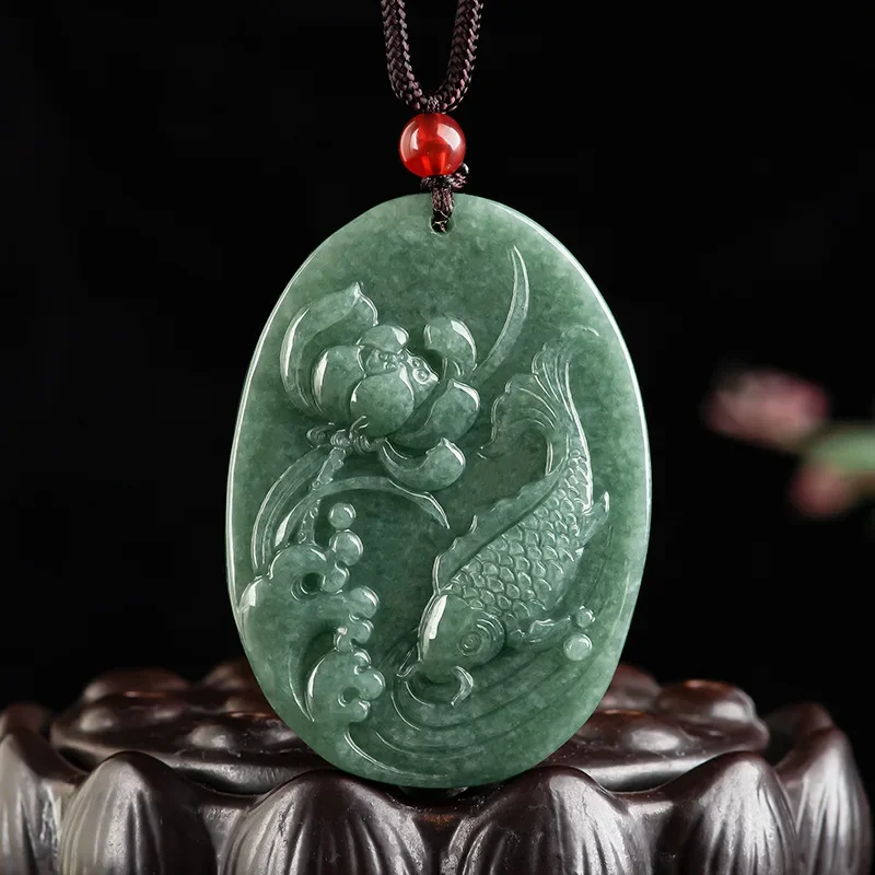 

Burmese Jade Carp Pendant Amulets Necklace Accessories Emerald Natural Talismans Charm Luxury Green Jewelry Jadeite