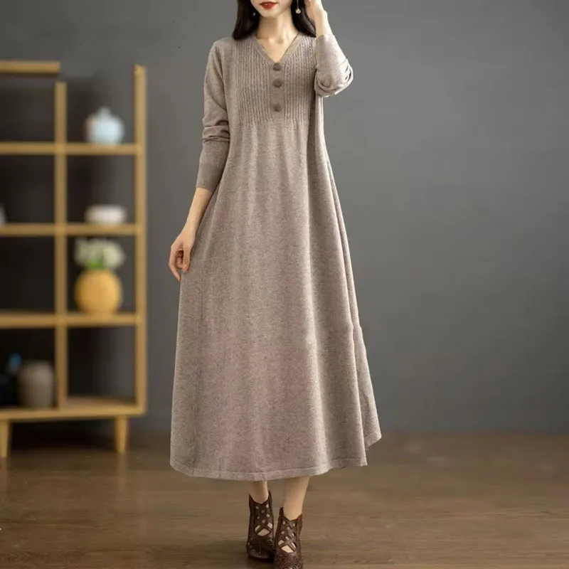 

Pull Femmes Tendances 2026 Vintage A-line Long Dress Thick Warm Spring Autumn Mother Clothing Knitwear Women's Sweater Jumper