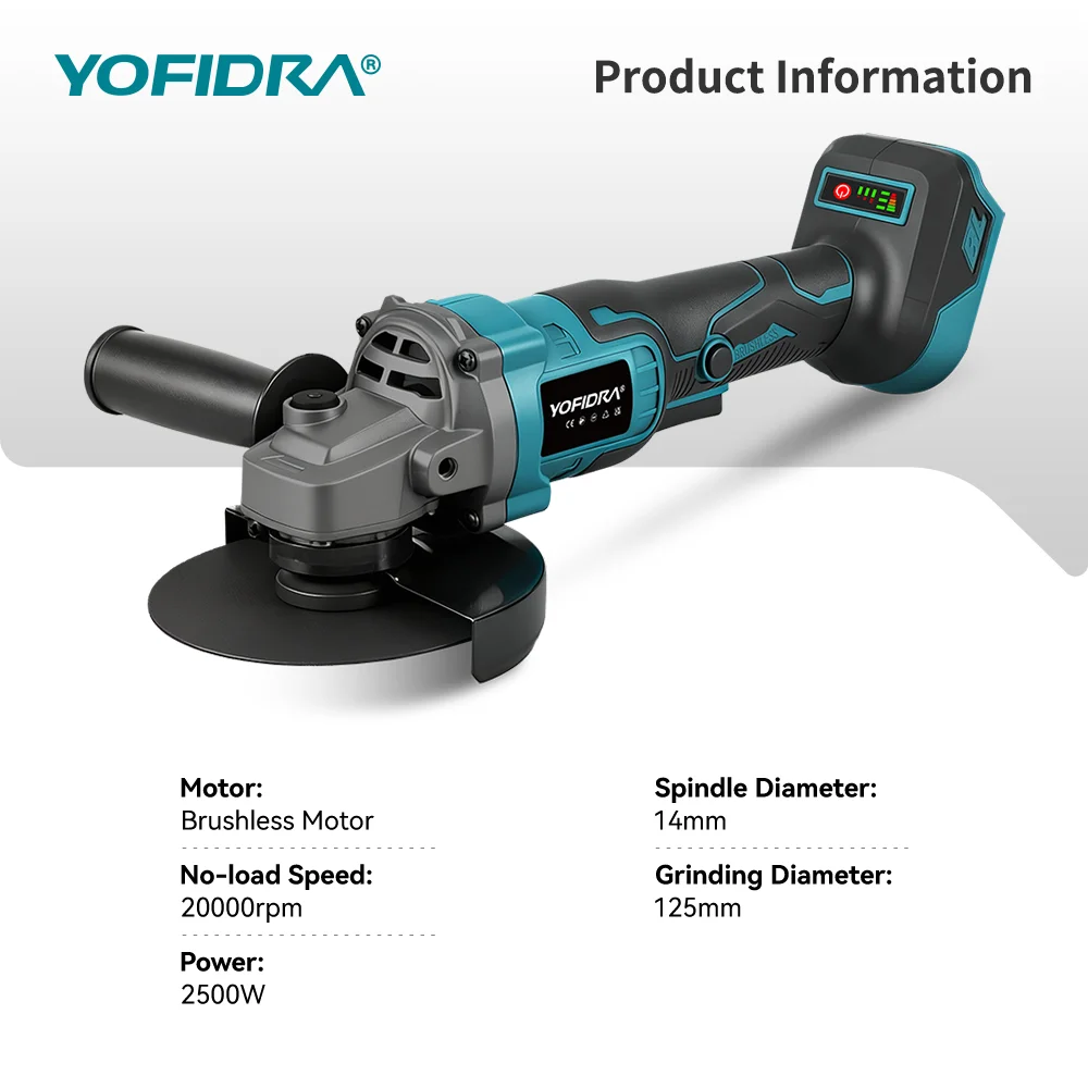 YOFIDRA 125mm Brushless Angle Grinder 20000RPM Cordless Grinding Machine Cutting Woodworking Power Tool For Makita Battery Pin