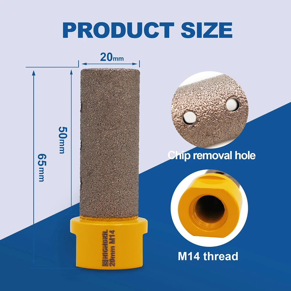 HIGHDRIL-M14ダイヤモンド真空ろう付けフライスビット、アングルグラインダー、拡大穴、磁器、セラミック、大理石、1個、20mm