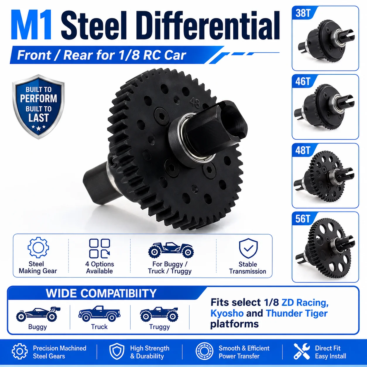 ZD Racing M1 38T 46T 48T 56T Steel Making Front Rear Differential for 1/8 ZD Racing Kyosho Thunder Tiger RC Car Buggy Truck