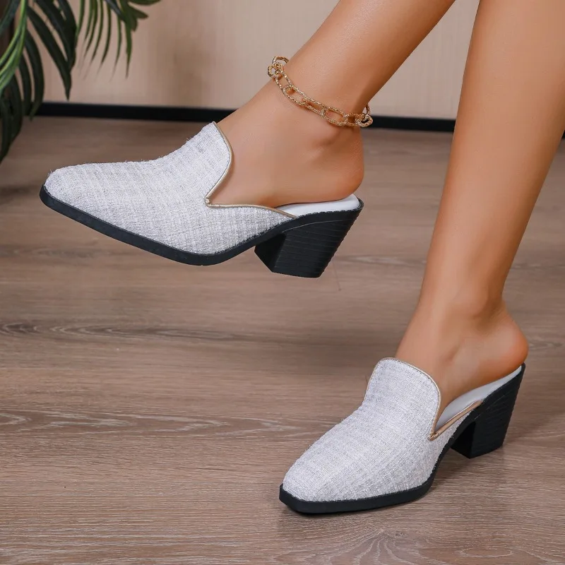 

Block Heel Wrapped Slippers Fashion Square Toe Flannelette Deep Mouth Anti-Slip Wear-Resistant High Heels