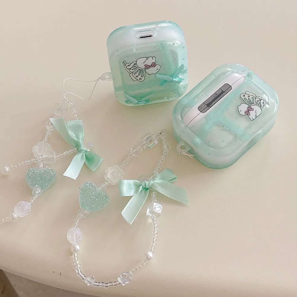 เคสหูฟังประดับคริสตัลรูปแมวดอกไม้ลูกไม้สีเขียวน่ารักสำหรับ Apple airpods 4 1 3 Pro 2ฝาครอบกล่องชาร์จบลูทูธไร้สาย
