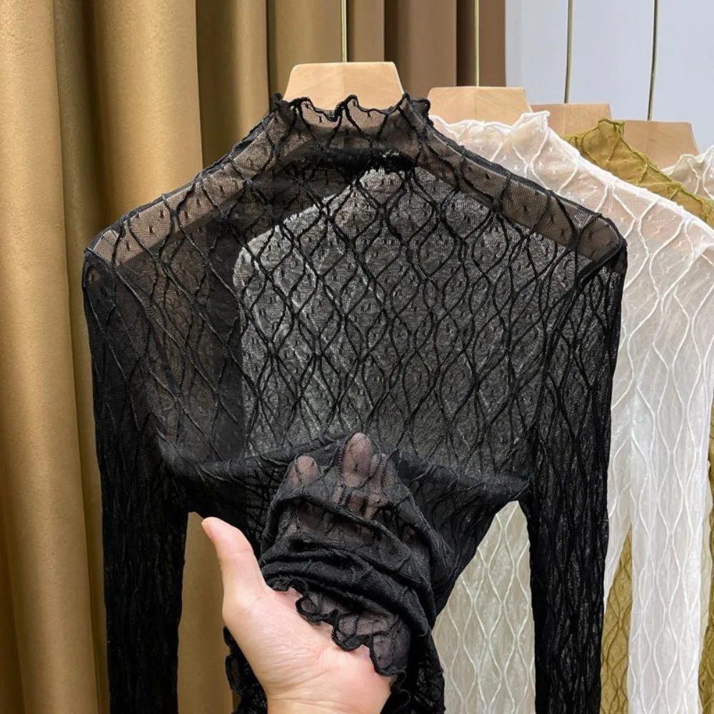 

Sexy Elegant Turtleneck Top Mesh Fabric Hollow Pattern Lace Top Solid Color Breathable Blusas Mujer for Women