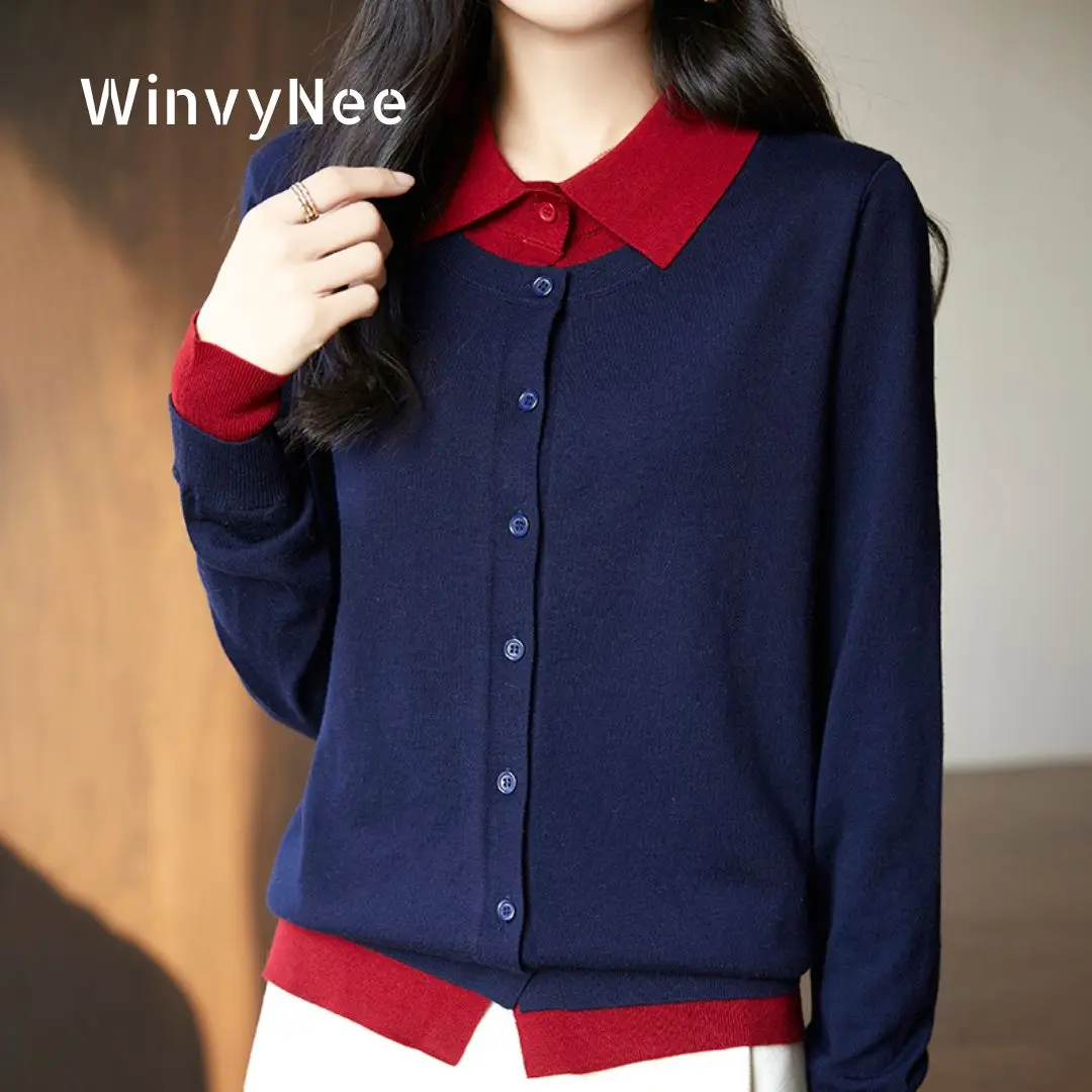 

WinvyNee Women Worsted Wool Polo Collar Two Tone Fake Two Piece Plain Long Sleeve Spring Autumn Soft Casual Cardigans B1757020